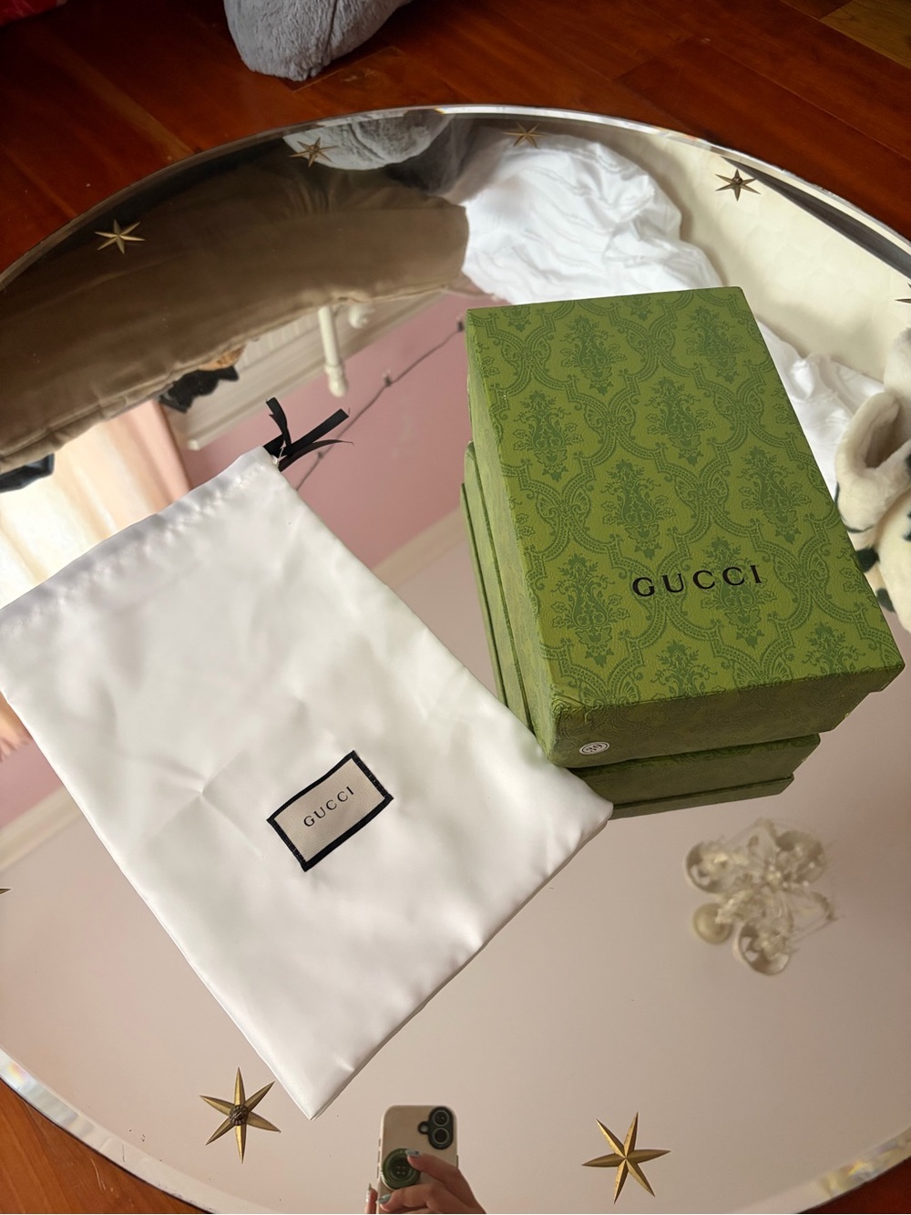 Gucci Green Patterned Box (empty) with White Dust Bag